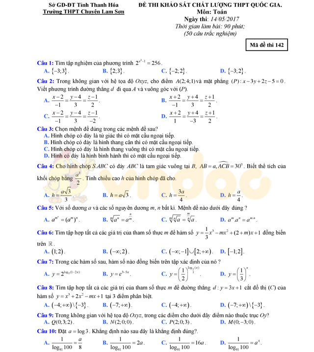 Đề thi thử THPT Quốc gia năm 2017 môn Toán