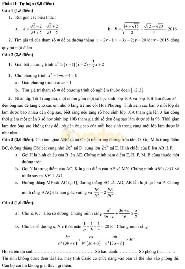 Đề thi thử vào lớp 10 môn Toán trường THPT Lê Quý Đôn, Hải Phòng năm học 2016 - 2017 Đề thi thử vào lớp 10 môn Toán có đáp án