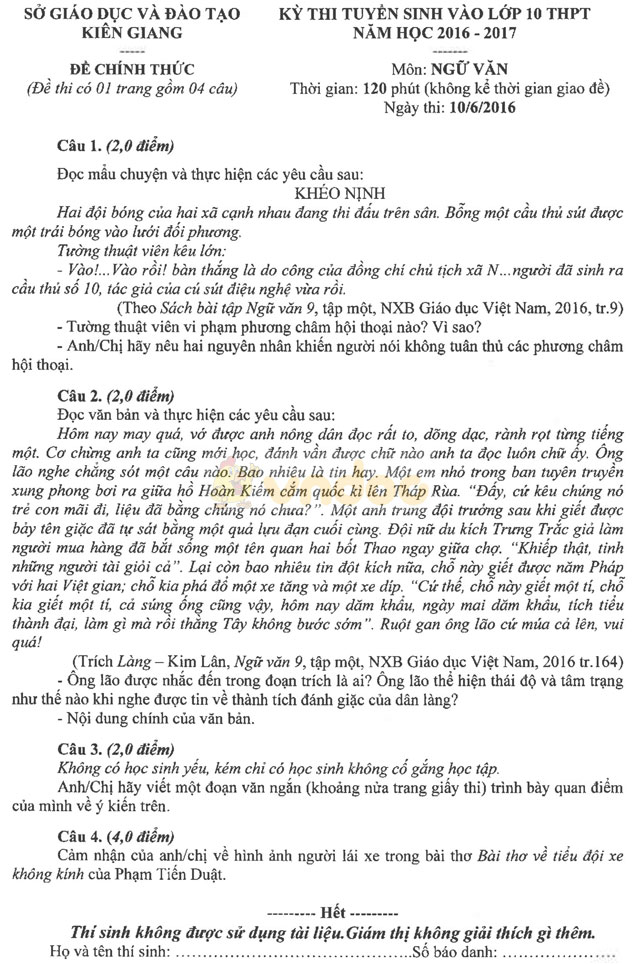 Đề thi tuyển sinh vào lớp 10 môn Ngữ văn có đáp án