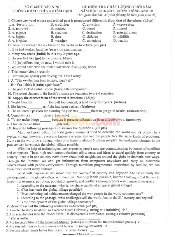 Đề thi học kì 2 môn Tiếng Anh lớp 1 năm học 2016 - 2017 có đáp án