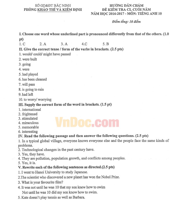 Đề thi học kì 2 môn Tiếng Anh lớp 10