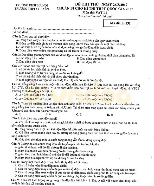 Đề thi thử THPT Quốc gia năm 2017 môn Vật lý 