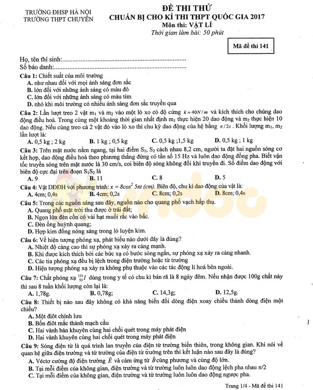 Đề thi thử THPT Quốc gia năm 2017 môn Vật lý