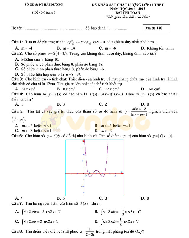Đề thi thử THPT Quốc gia năm 2017 môn Toán
