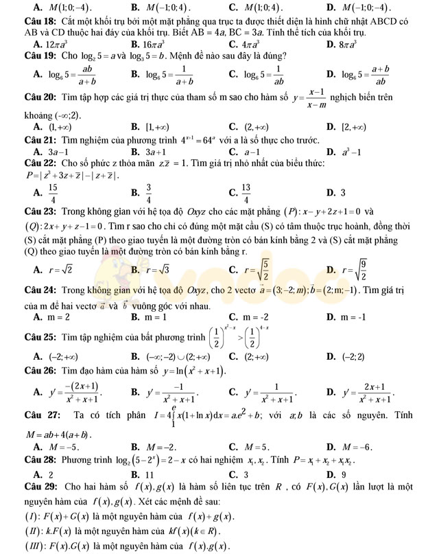 Đề thi thử THPT Quốc gia năm 2017 môn Toán