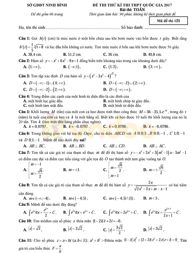 Đề thi thử THPT Quốc gia năm 2017 môn Toán