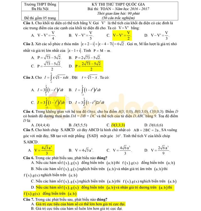 Đề thi thử THPT Quốc gia năm 2017 môn Toán