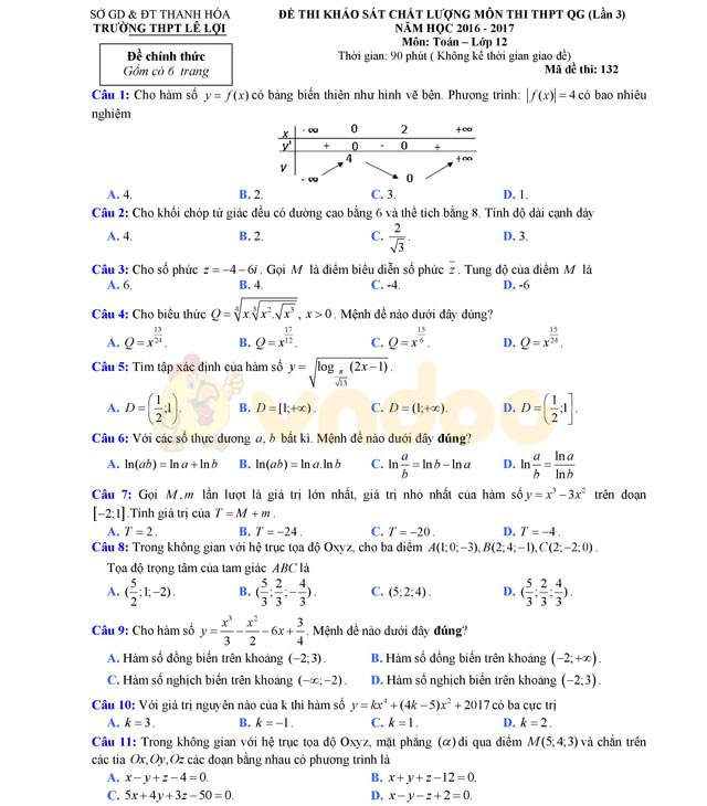Đề thi thử THPT Quốc gia 2017 môn Toán