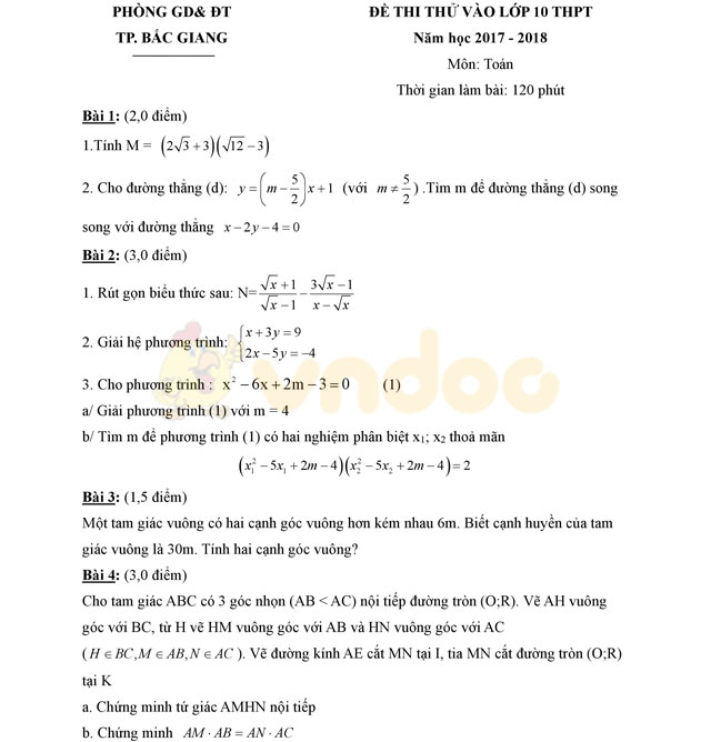 Đề thi thử vào lớp 10 môn Toán 