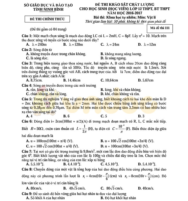 Đề thi thử THPT Quốc gia năm 2017 môn Vật lý 