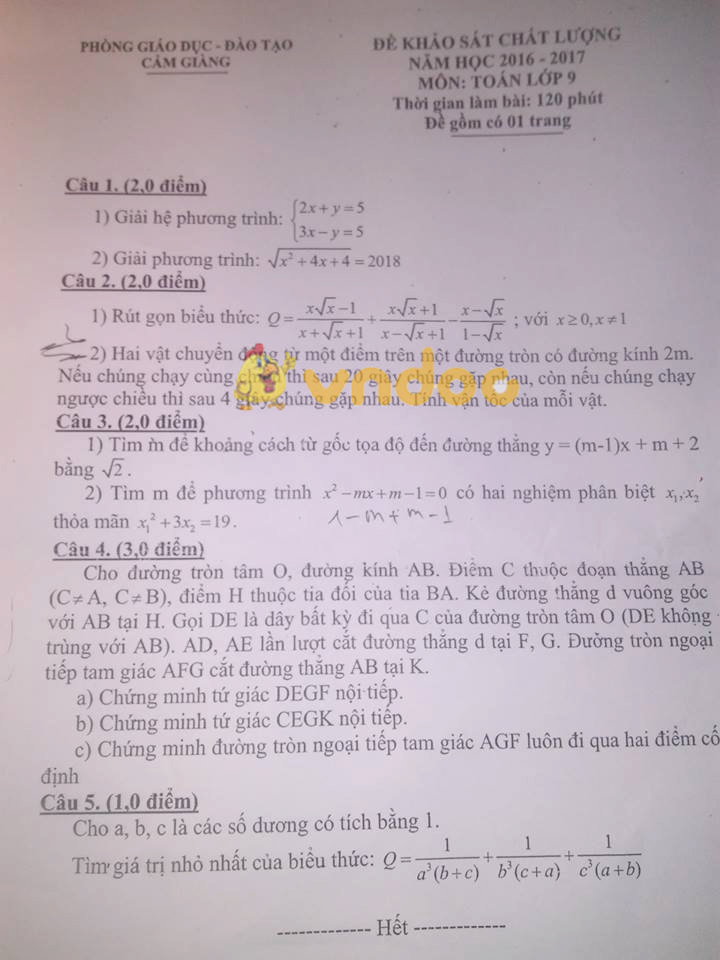 Đề thi khảo sát môn Toán lớp 9 Đề thi khảo sát môn Toán lớp 9
