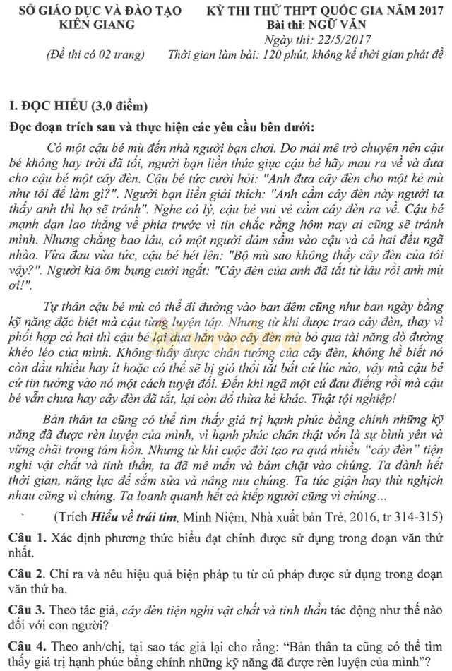 Đề thi thử THPT Quốc gia năm 2017 môn Ngữ văn có đáp án