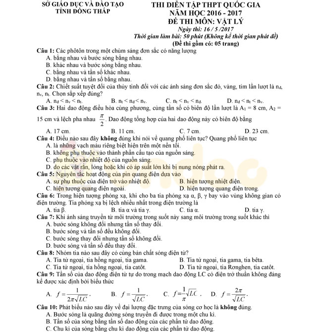 Đề thi thử THPT Quốc gia năm 2017 môn Vật lý 