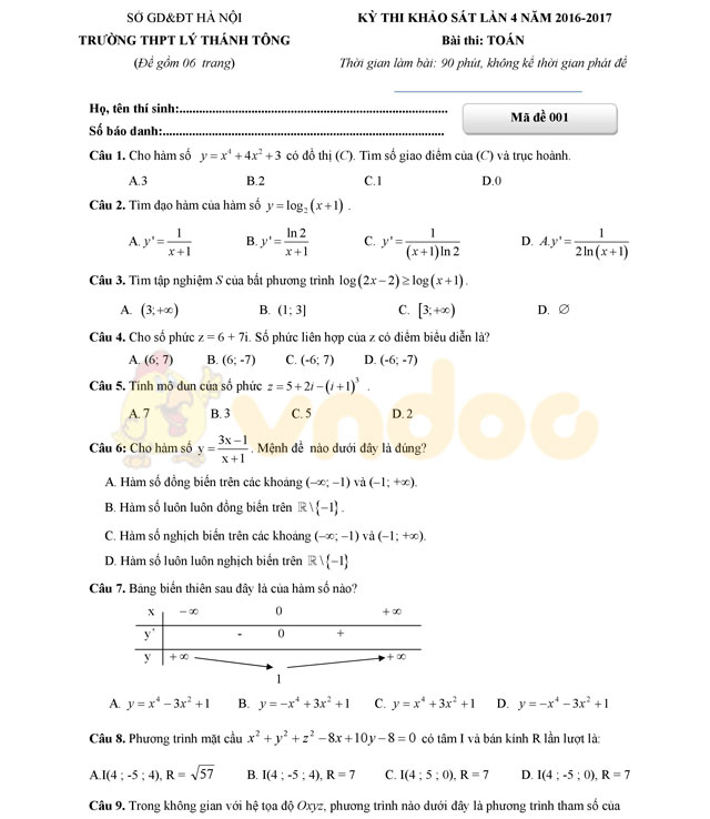 Đề thi thử THPT Quốc gia năm 2017 môn Toán 