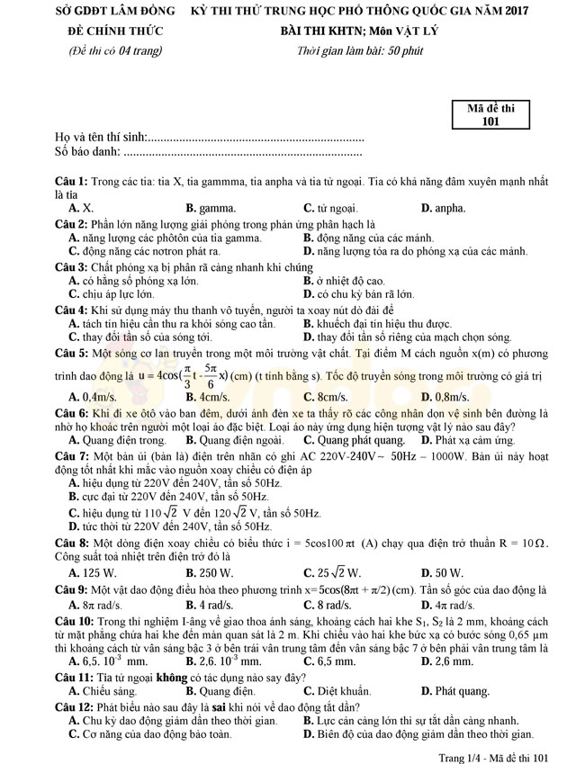 Đề thi thử THPT Quốc gia 2017 môn Vật lý