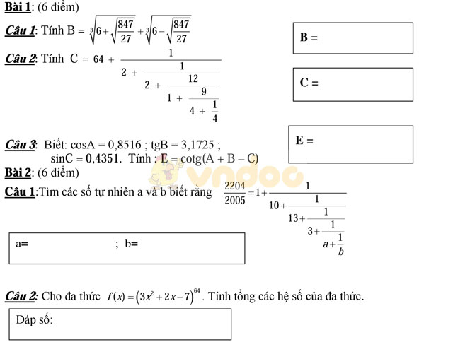 Đề thi học sinh giỏi giải toán trên máy tính cầm tay lớp 9 có đáp án