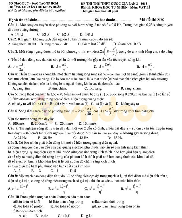 Đề thi thử THPT Quốc gia 2017 môn Vật lý