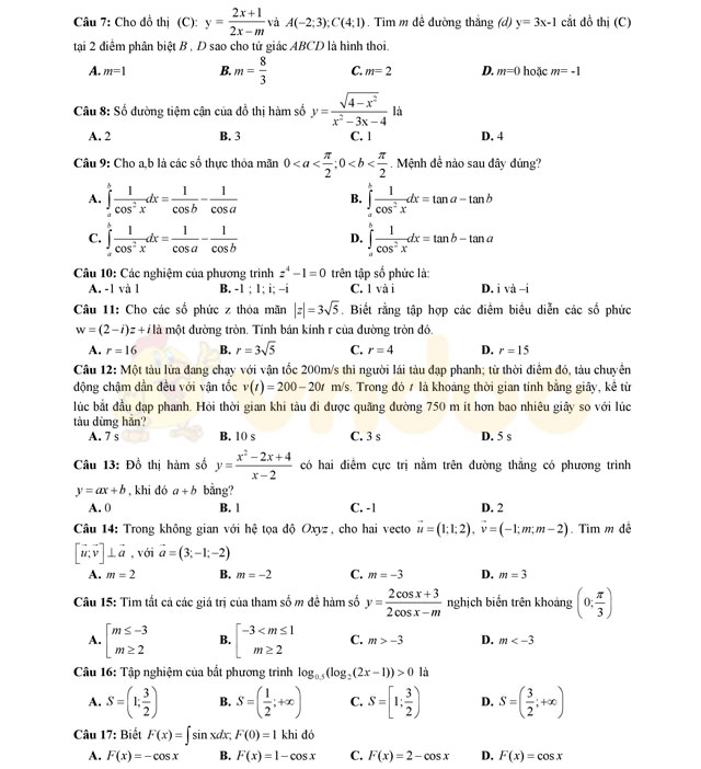 Đề thi thử THPT Quốc gia năm 2017 môn Toán