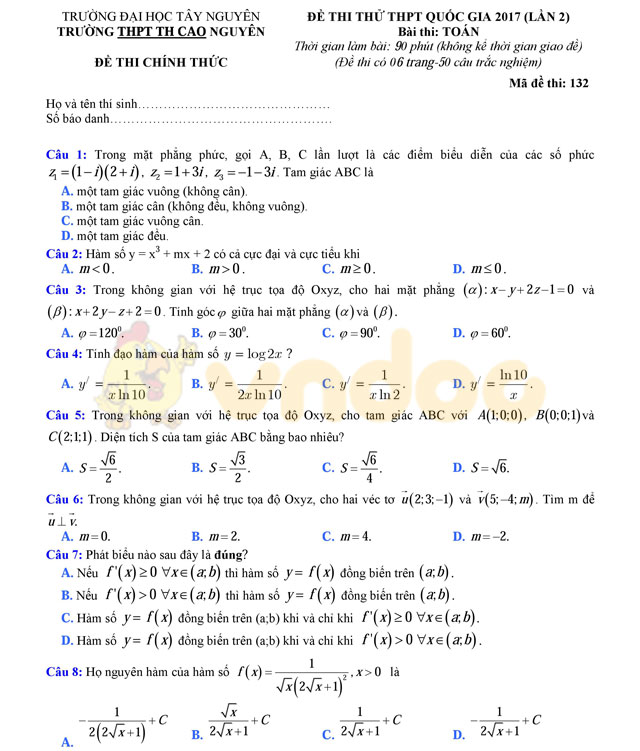 Đề thi thử THPT Quốc gia năm 2017 môn Toán 