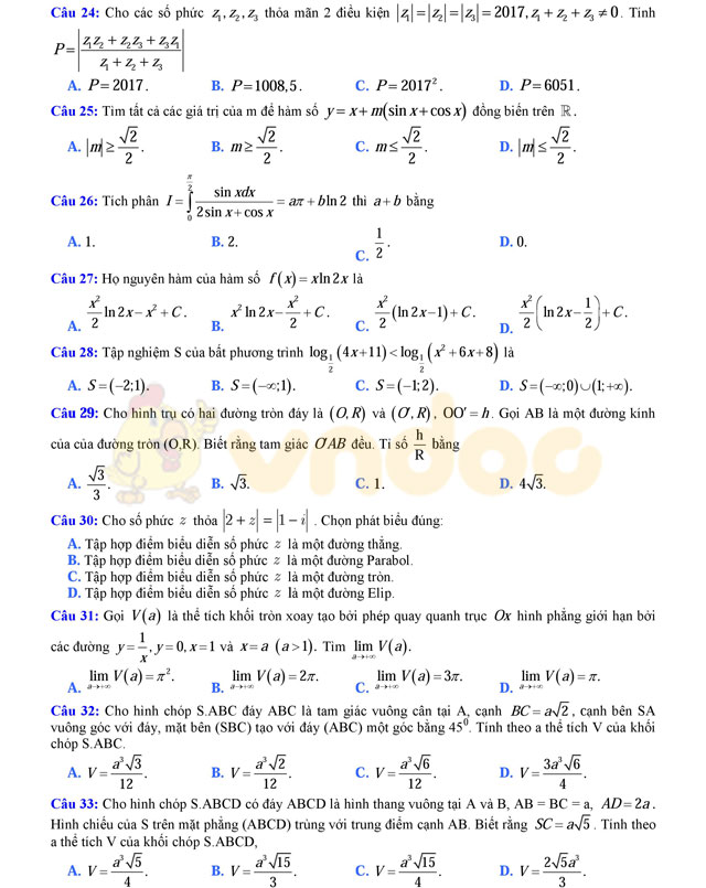 Đề thi thử THPT Quốc gia năm 2017 môn Toán 