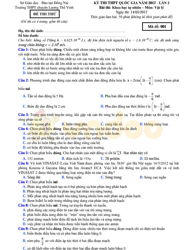 Đề thi thử THPT Quốc gia năm 2017 môn Vật lý Đề thi thử THPT Quốc gia năm 2017 môn Vật lý