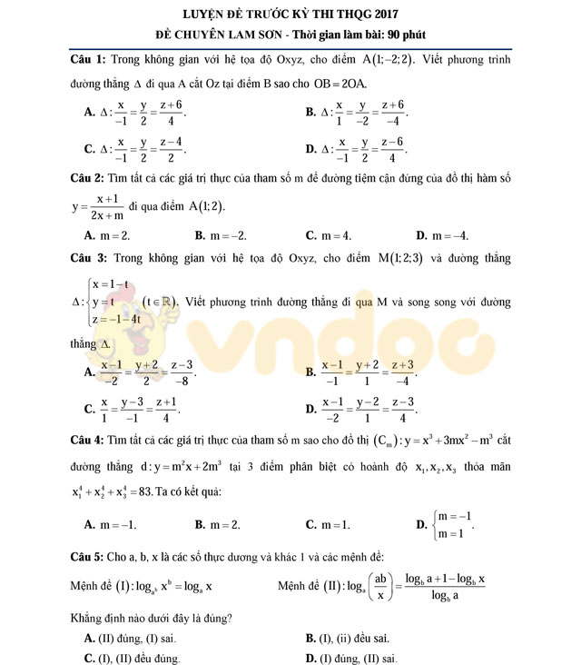 Đề thi thử THPT Quốc gia 2017 môn Toán