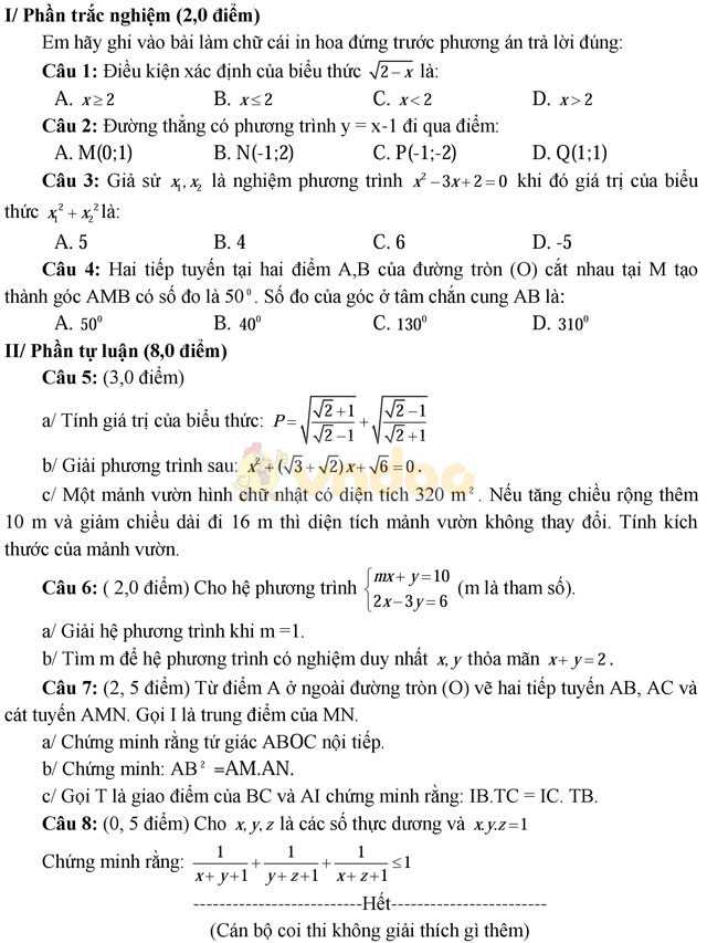 Đề thi thử vào lớp 10 môn Toán có đáp án