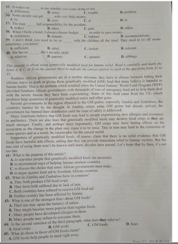 Đề thi tuyển sinh môn tiếng anh vào lớp 10