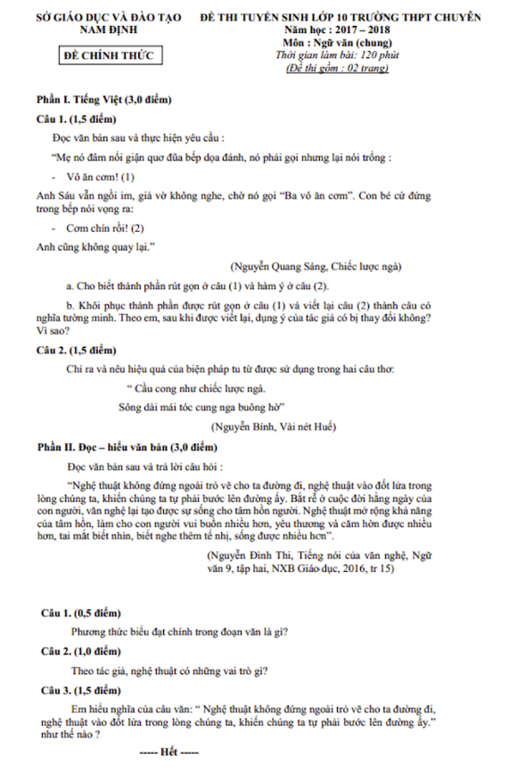 Đề thi vào lớp 10 môn Ngữ văn năm 2017