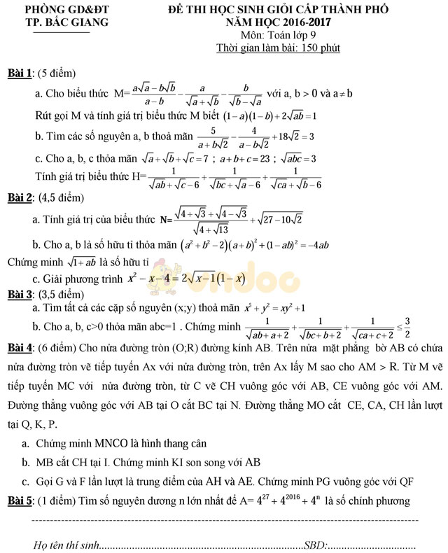 Đề thi học sinh giỏi môn Toán lớp 9 có đáp án