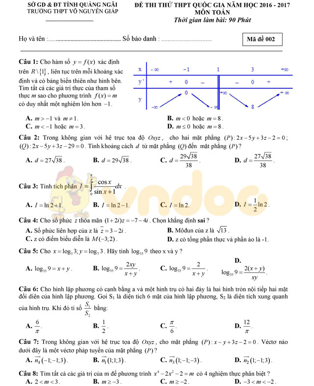Đề thi thử THPT Quốc gia năm 2017 môn Toán