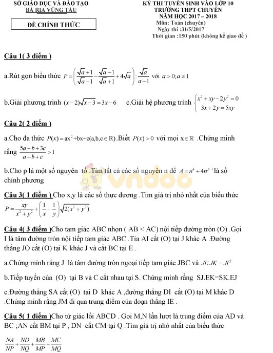 Đề thi vào lớp 10 môn Toán năm 2017