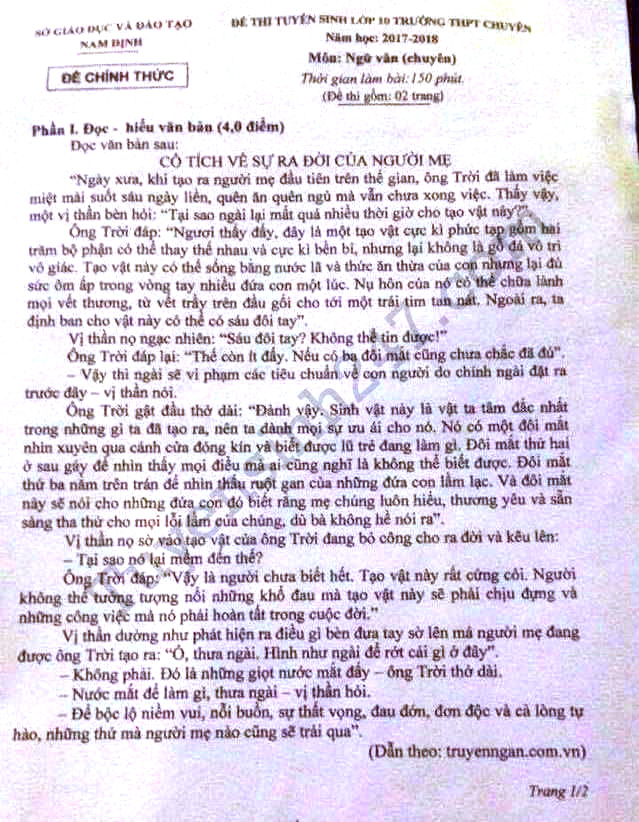 Đề thi tuyển sinh vào lớp 10 môn Ngữ văn