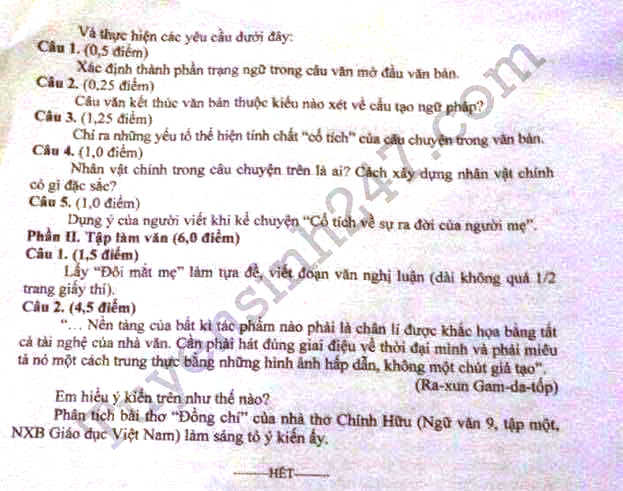 Đề thi tuyển sinh vào lớp 10 môn Ngữ văn