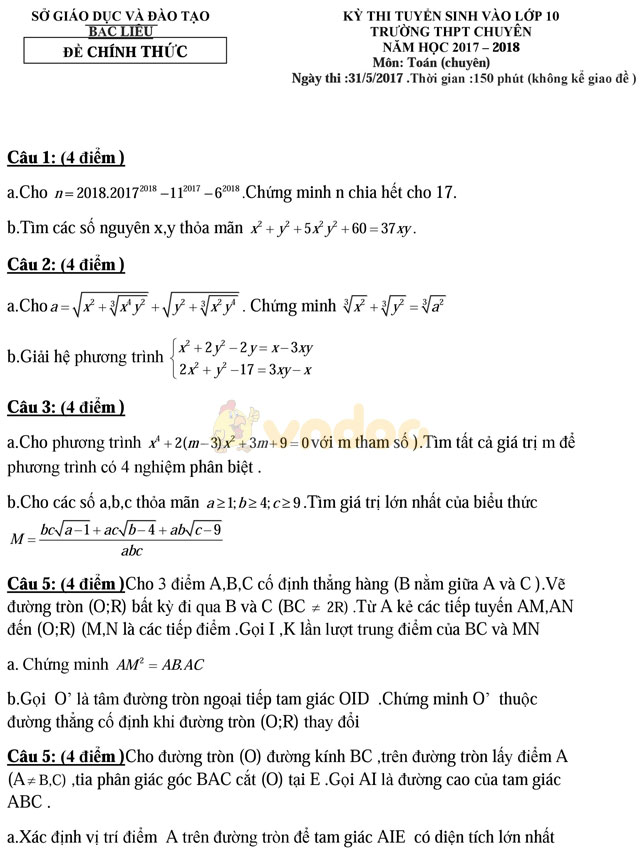 Đề thi vào lớp 10 môn Toán năm 2017