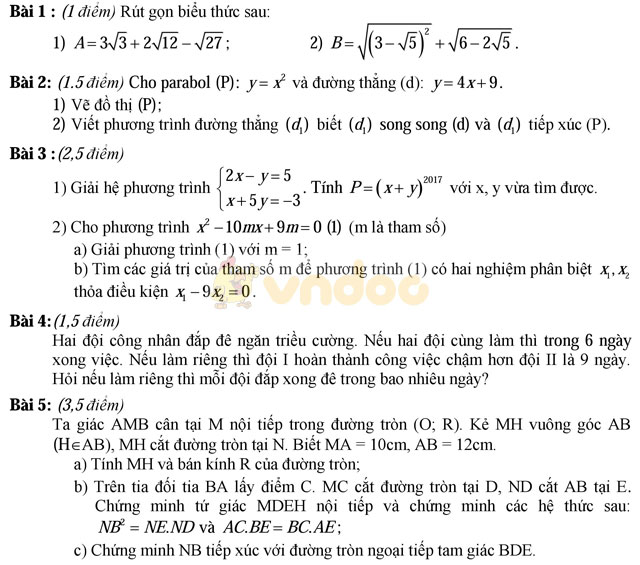 Đề thi vào lớp 10 môn Toán có đáp án