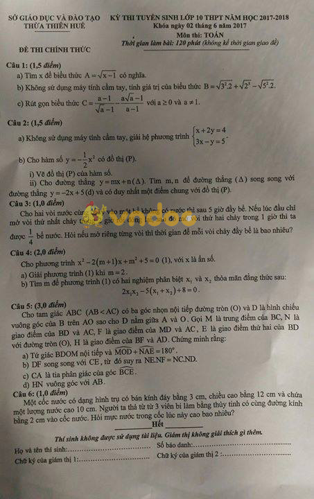 Đề thi tuyển sinh vào lớp 10 môn Toán