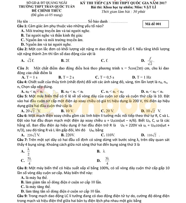 Đề thi thử THPT Quốc gia năm 2017 môn Vật lý
