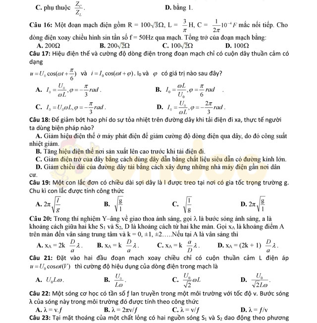 Đề thi thử THPT Quốc gia năm 2017 môn Vật lý