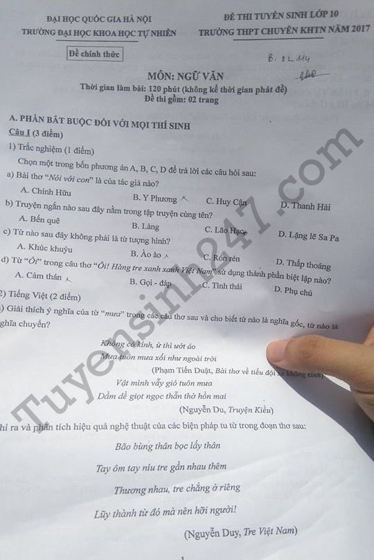 Đề thi tuyển sinh vào lớp 10 môn Ngữ văn