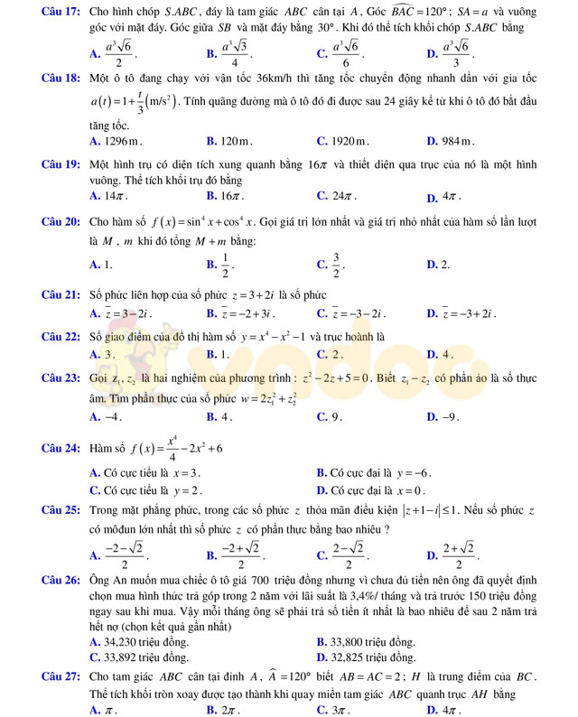 Đề thi thử THPT Quốc gia năm 2017 môn Toán Đề thi thử THPT Quốc gia năm 2017 môn Toán