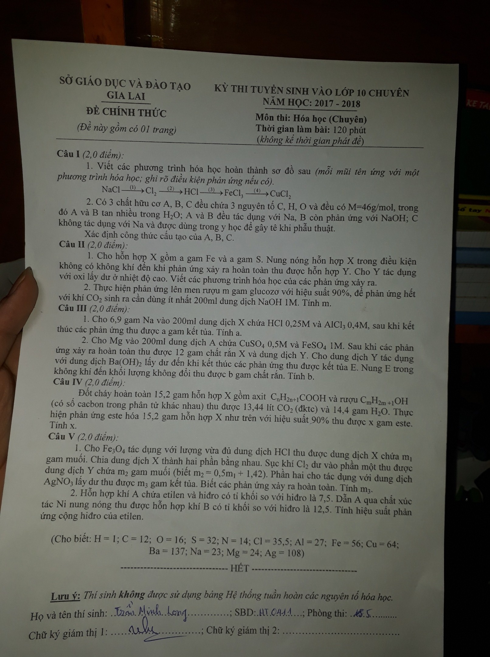 Đề thi vào lớp 10 môn Hóa học năm 2017