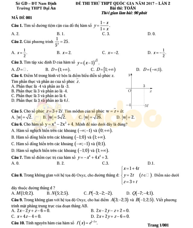 Đề thi thử THPT Quốc gia năm 2017 môn Toán