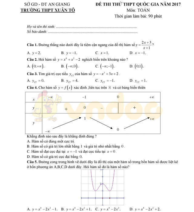 Đề thi thử THPT Quốc gia năm 2017 môn Toán 