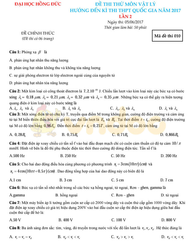 Đề thi thử THPT Quốc gia năm 2017 môn Vật lý