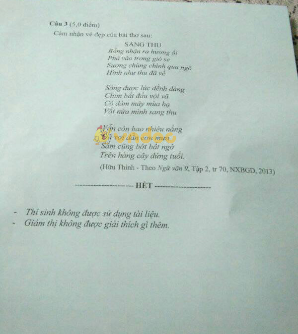 Đề thi tuyển sinh vào lớp 10 THPT môn Ngữ văn