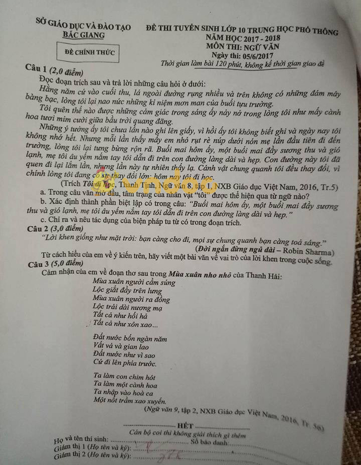 Đề thi tuyển sinh vào lớp 10