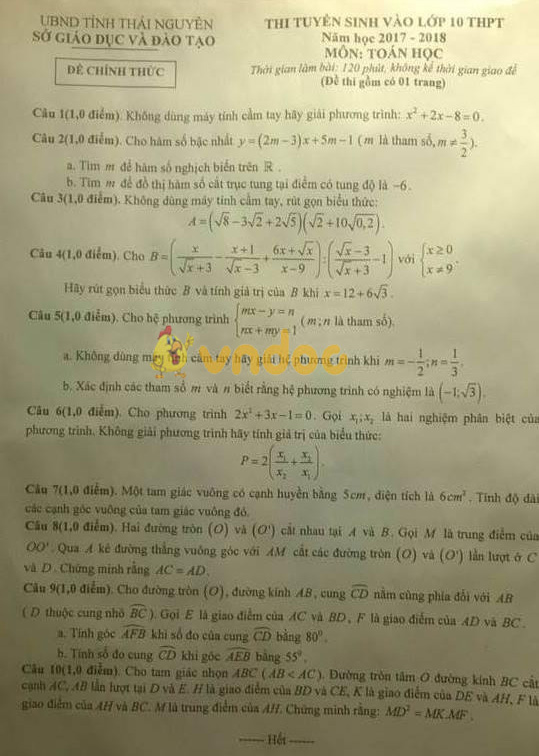 Đề thi tuyển sinh vào lớp 10 môn Toán