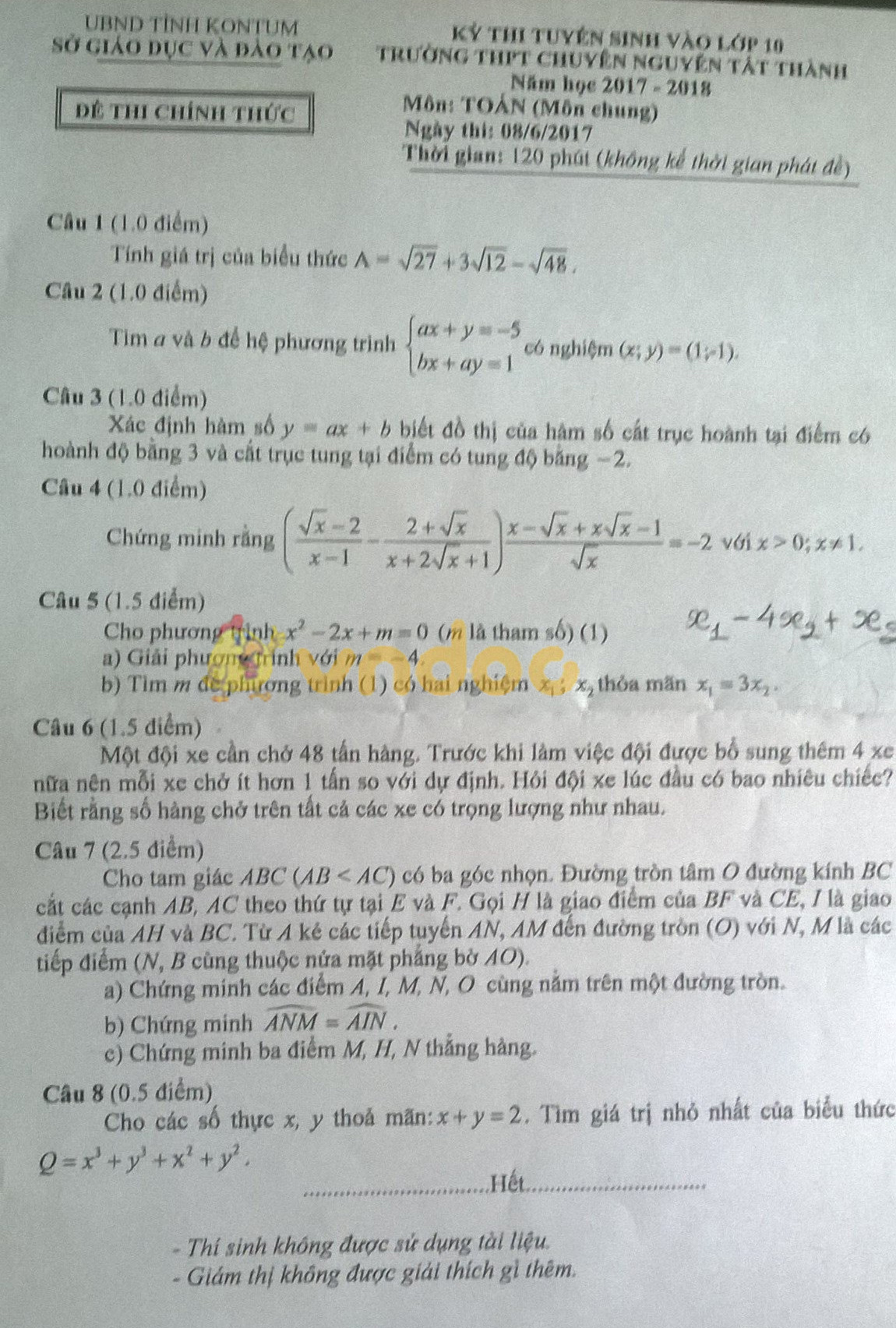 Đề thi tuyển sinh vào lớp 10 môn Toán