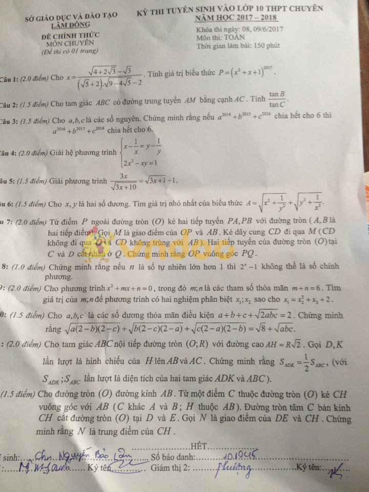 Đề thi tuyển sinh vào lớp 10 THPT môn Toán